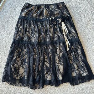Black Lace Midi Skirt with Ribbon Detail – 26” Waist (Approx. Size 2–4)